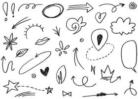 Abstract arrows, ribbons, crowns, hearts, explosions and other elements in hand drawn style for concept design. Doodle illustration. Vector template for decoration