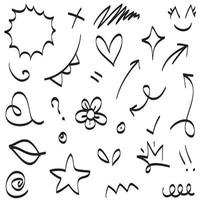 Abstract arrows, ribbons, crowns, hearts, explosions and other elements in hand drawn style for concept design. Doodle illustration. Vector template for decoration