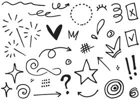 Abstract arrows, ribbons, crowns, hearts, explosions and other elements in hand drawn style for concept design. Doodle illustration. Vector template for decoration