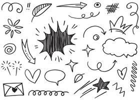 flechas abstractas, cintas, coronas, corazones, explosiones y otros elementos en estilo dibujado a mano para el diseño conceptual. ilustración de garabato plantilla vectorial para decoración vector