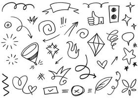 Abstract arrows, ribbons, crowns, hearts, explosions and other elements in hand drawn style for concept design. Doodle illustration. Vector template for decoration