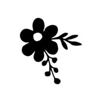 Hand-drawn simple vector drawing. Black silhouette of a flower with leaves, berries isolated on a white background. Element of nature, plant.