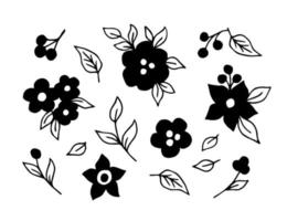 Simple hand-drawn vector drawing. Black silhouette of flowers, twigs, bunch, leaves and berries isolated on white background. Set of floral elements for creating  pattern, decorating products, label.