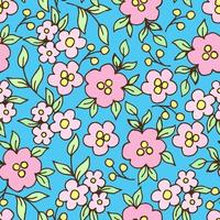 Delicate calm floral vector seamless pattern in rural style. Small pink flowers, green leaves on a bright blue background. For printing on fabrics, textiles, clothing.