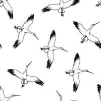 patrón transparente de vector simple dibujado a mano. contorno negro de una cigüeña volando en el cielo sobre un fondo blanco. vida silvestre, aves. para estampados de tela, productos textiles, papel, ropa, camisas.