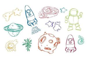 set of Space elements in the doodle sketch style. space rockets and ships, astronauts, star, comet, moon. vector