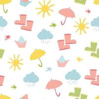 Webspring rainy day seamless pattern design with umbrella, boots, cloud, sun, paper ship vector