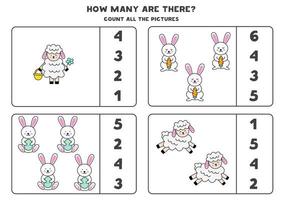 Counting game with Easter rabbits and sheep. Educational worksheet. vector