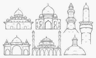 conjunto de mezquita islámica. gráfico vectorial de ilustración. mezquita de concepto de diseño con estilo de boceto dibujado a mano vector