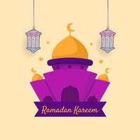 Ramadan Kareem Illustration With Mosque And Lantern Concept. Flat And fHand Drawn Sketch Style vector