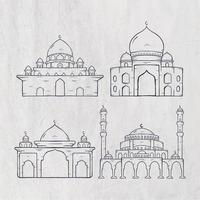 conjunto de mezquita islámica. gráfico vectorial de ilustración. mezquita de concepto de diseño con estilo de boceto dibujado a mano vector