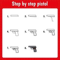 How to draw pistol. Educational page for children. Creation step by step  illustration. Printable worksheet for kids school exercise book. vector