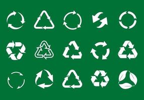 Large set of vector recycling icons. White circle arrows on green background.