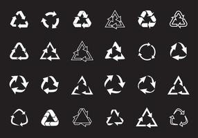 Large set of vector recycling icons. White circle arrows on black background.