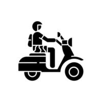 Motorbike glyph icon. Scooter driver in Bali. Crossing Indonesia by motorcycle. Scooter tropical road trip. Transport in Indonesia. Silhouette symbol. Negative space. Vector isolated illustration