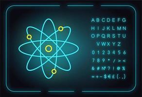 Molecule atom neon light icon. Nuclear energy. Atom core with electrons orbits. Science symbol. Quantum physics. Organic chemistry. Glowing sign with alphabet and symbols. Vector isolated illustration