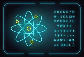 Molecule atom neon light icon. Nuclear energy. Atom core with electrons orbits. Science symbol. Quantum physics. Organic chemistry. Glowing sign with alphabet and symbols. Vector isolated illustration