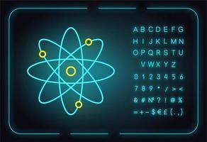 icono de luz de neón de átomo de molécula. energía nuclear. núcleo del átomo con órbitas de electrones. símbolo de la ciencia. física cuántica. química Orgánica. signo brillante con alfabeto y símbolos. ilustración vectorial aislada vector