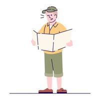 Man is looking at map flat vector illustration. Field survey, study documents. Orienteering. Archeologist learning terrain plan cartoon character with outline on white background