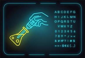 Testing reactives in lab flask neon light icon. Organic chemistry. Conducting experiment. Laboratory work. Interaction with chemicals. Glowing sign with alphabet, symbols. Vector isolated illustration