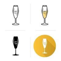 Flute wineglass icons set. Sparkling wine, champagne. Alcohol beverage with bubbles. Bar, restaurant party cocktail. Flat design, linear, black and color styles. Isolated vector illustrations