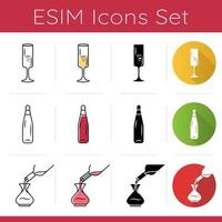 Sommelier glassware icons set. Pouring wine in decanter. Alcohol drink decantering. Pub, bar, restaurant. Barman tableware. Flat design, linear, black and color styles. Isolated vector illustrations