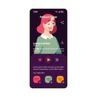 Podcast player smartphone interface vector template. Mobile app page black and purple design layout. Lection screen. Flat UI for application. Foreign language learning. Music player. Phone display