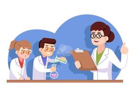 Chemical club for children flat vector illustration. Advanced chemistry study. Popularization of science for kids. Interest classes. Girl and boy with teacher conducting experiment cartoon characters
