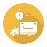 Same day delivery yellow flat design long shadow glyph icon. Fast shipping service and postal system. Delivery truck. Quick parcel transportation. Shipment service. Vector silhouette illustration
