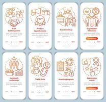 Corporate events management onboarding mobile app page screen with linear concepts. Company special events planner walkthrough steps graphic instructions. UX, UI, GUI vector template with illustration
