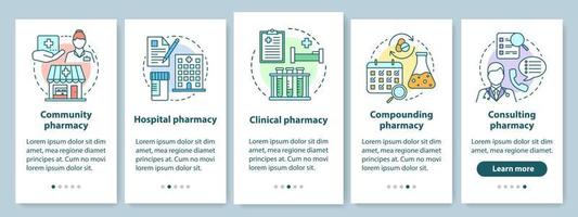 tipos de farmacia que incorporan la pantalla de la página de la aplicación móvil con conceptos lineales. hospital, farmacología clínica. instrucciones gráficas de cinco pasos de recorrido. ux, ui, plantilla vectorial gui con ilustraciones vector