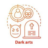 Dark arts concept icon. Occultism and witchcraft idea thin line illustration. Black magic, necromancy, diabolic curse. Gravestone, devil and target with skull vector isolated outline drawing