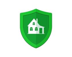 Home protection logo design template. Green shield with house logotype. Property security symbol. Building alarm icon. Guarding sign vector isolated eps illustration