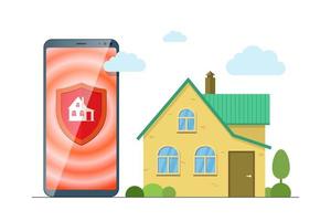 Home security system mobile app. Auto alarm and signalling application concept. Smart house guard banner. Property protect online service. Icon shield on smartphone screen. Real estate secure. Vector