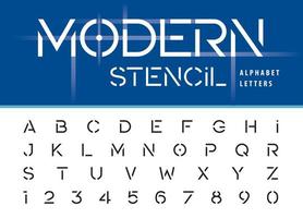 esténcil fuente de letras ligeras modernas, letras mínimas del alfabeto y números establecidos para tecnología futurista. vector