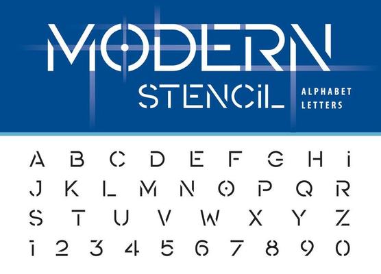 Retro alphabet vector stencil font. Letters, numbers and symbols