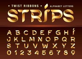 Three Line Twist Ribbons Gold Alphabet Letters and numbers, Modern Origami stylized rounded Lettering vector