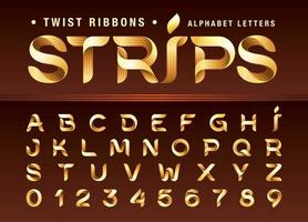 Three Line Twist Ribbons Gold Alphabet Letters and numbers, Modern Origami stylized rounded Lettering vector