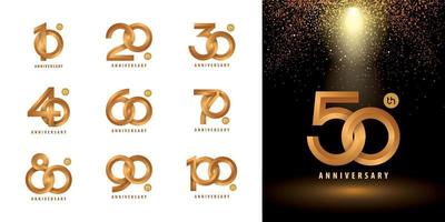 Set of 10 to 100 Anniversary logotype design, Celebrating Anniversary Logo multiple line golden for celebration. Interlocking Circle Number Logo vector. vector