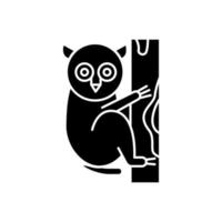 Tarsier glyph icon. Tropical country animals, mammals. Exploring exotic Indonesian islands wildlife. Primate on tree. Balinese fauna. Silhouette symbol. Negative space. Vector isolated illustration