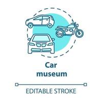 Car museum concept icon. Automotive technology historical exposition. Automobile and motorcycle exhibition idea thin line illustration. Vector isolated outline drawing. Editable stroke