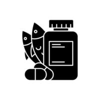 Vitamin intake glyph icon. Fish oil supply. Omega-3 supplement. Medication and pills. Multivitamin complex. Diet supply. Silhouette symbol. Negative space. Vector isolated illustration