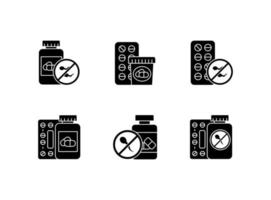 Birth control glyph icons set. Medication and pills. Unwanted pregnancy prevention. Oral contraceptive. Female pharmaceutical. Predmenstrual syndrome. Silhouette symbols. Vector isolated illustration