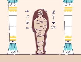 Ilustración de vector plano de momia egipcia. sarcófago antiguo, jeroglíficos, columnas. tumba del faraón. exposición del museo con artefactos del antiguo egipto. telón de fondo de dibujos animados de hallazgo arqueológico