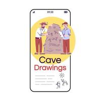 Cave drawings social media posts smartphone app screen. Mobile phone displays with cartoon characters design mockup. Archaeology. Caveman culture researching application telephone interface vector