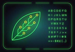 Leaf with microchip neon light icon. Smart agriculture. Green information technology. Organic chemistry. Nanotechnology development. Glowing sign with alphabet, symbols. Vector isolated illustration