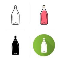 Alcohol beverage icons set. Bottle with cork. Party, holiday, event sweet aperitif drink. Bar, restaurant, winery. Flat design, linear, black and color styles. Isolated vector illustrations