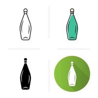 Winery service icons set. Wine bottle with cork. Bar, restaurant tableware, glassware. Aperitif, alcohol drink. Flat design, linear, black and color styles. Isolated vector illustrations