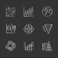 Chart and graph chalk icons set. Temperature map. Vertical histogram. Pie diagram. Funnel chart. Venn diagram. Sunburst graph. Mixed chart Pyramid. Isolated vector chalkboard illustrations