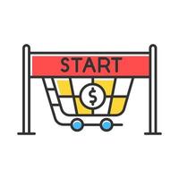 Start selling color icon. Store opening. Waiting for buyers. Entrance to supermarket, shopping cart. Trading. Launch new business. Commercial activity. Isolated vector illustration